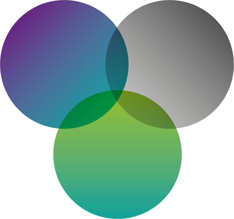 A ven diagram with blue green and gray circles over lapping 